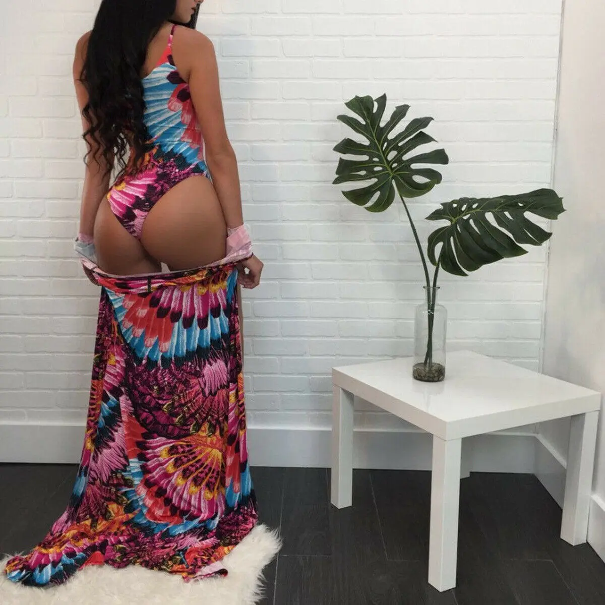 

Summer Women Colorful Feathers Print One Piece Bathing Monokini Bikini Swimsuit Swimwear with Cover Up Beach Dress