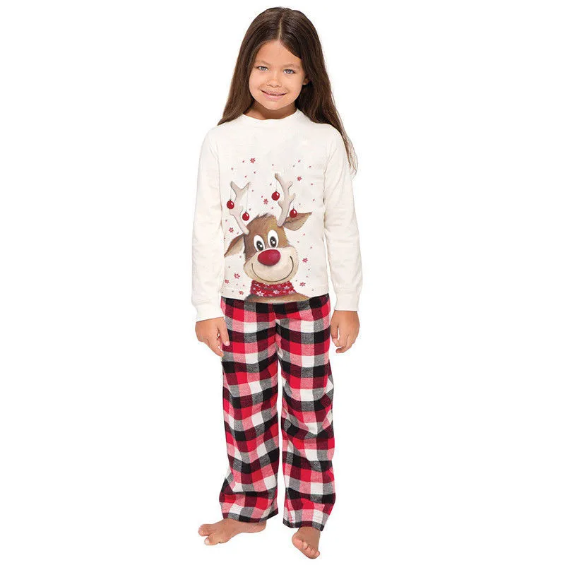 Рождественский пижамный комплект для всей семьи, коллекция года, для мужчин, женщин, детей, с длинными рукавами, с рисунком рождественского оленя, топы+ клетчатые штаны 2 предмета, одежда для сна, одежда для сна