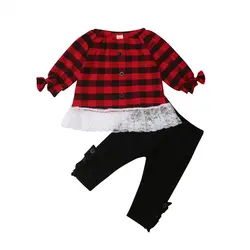 Рождественская кружевная одежда для маленьких девочек, комплект одежды на осень-зиму, кружевная рубашка с бантом и пышными рукавами +