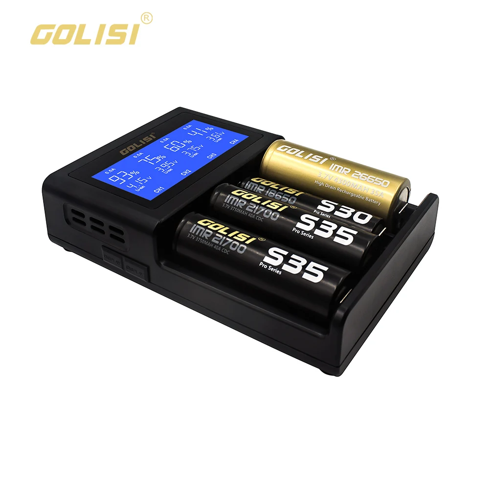 GOLISI S4 2A быстрая зарядка четыре слота Li Ion 18650 21700 26650 / Ni mh cd /aaa/ aa AC 110 240 В 50/60 Гц DC 12 В/1