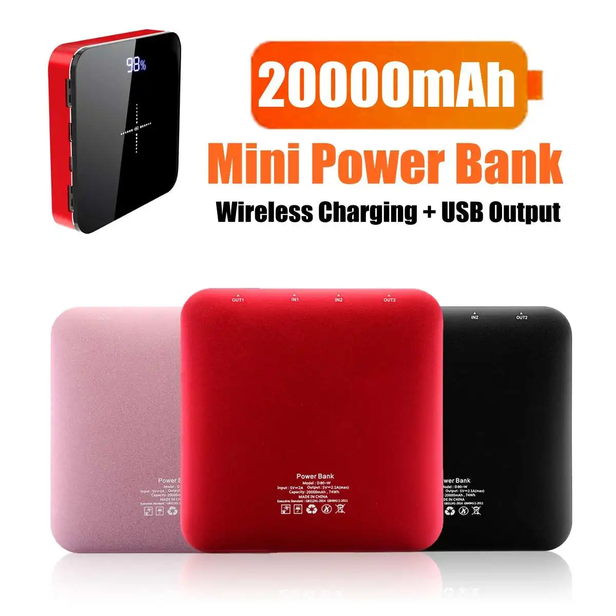 

Mini 20000mAh Qi Wireless Charger Quick Charing 3.0 For Iphone X,8,8 Plus for Xiaomi,Huaiwei 4 in 1 Interface