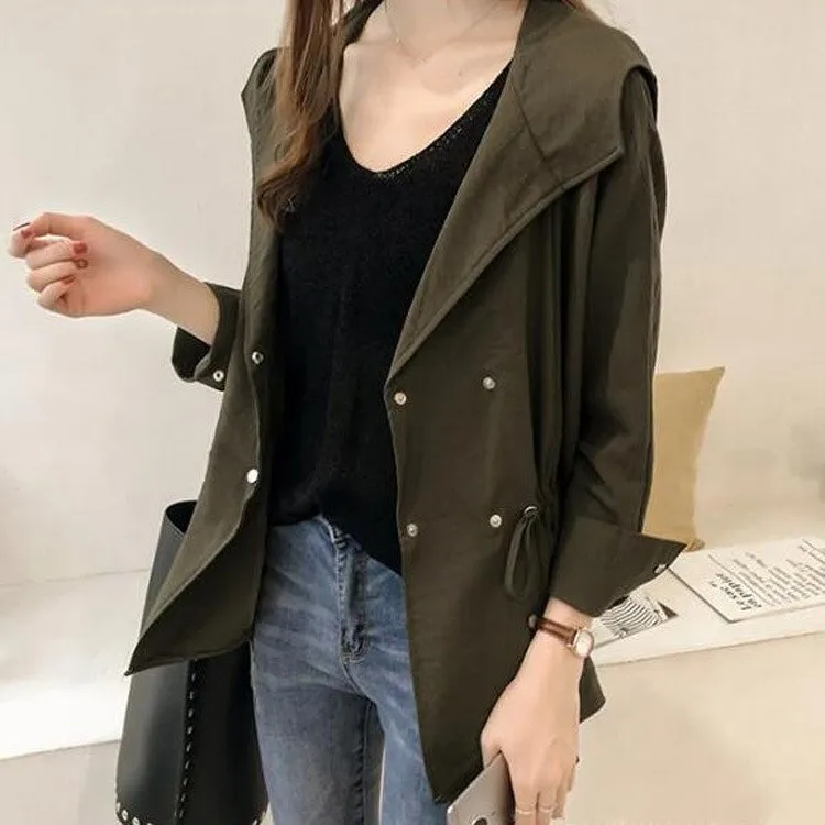 

Plus Size Women Solid Hooded Coat Spring Casual Long Sleeve Cardigan Windbreaker Female Lace-up Trench Coats