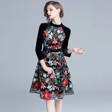 Бархатное платье Sukienki Damskie в стиле ретро с цветочной вышивкой; черное платье; коллекция года; летнее женское платье для вечеринки; мини-платье; Femme vestido de festa