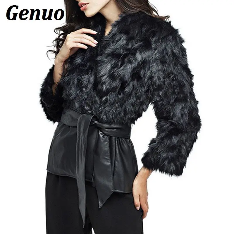 PU обувь из кожи и меха пальто Черная куртка лоскутное Для женщин зимние Теплая куртка с пояса бантом галстук Пиджаки Плюс Размеры 5XL Genuo