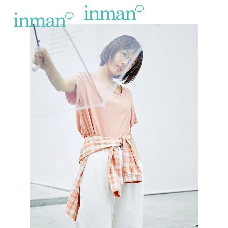 

INMAN 2019 Summer New Arrival Solid O-neck Loose Casual All Matched Short Sleeve Women Cotton T-shirt