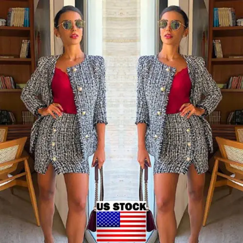 

Women Tweed Jacket Evening Blazer Skirt Suit Set Plaid Pockets Button Outwear 2PCS Frayed Hem Tweed Button Mini Skirts