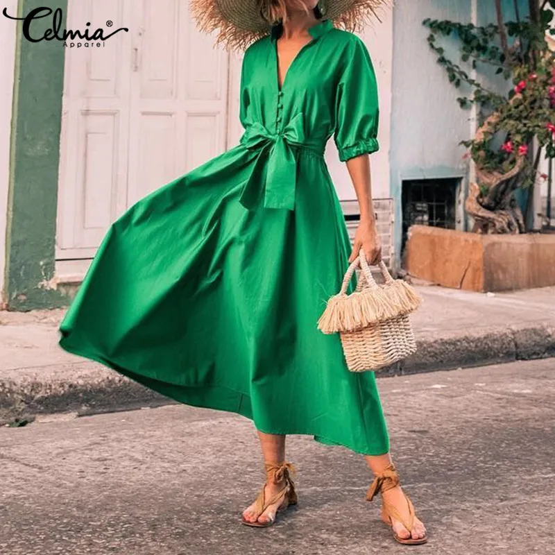 

Celmia Women Summer Elegant Sexy V Neck Half Sleeve Belted Loose Party Vestido Casual Baggy Sundress Long Maxi Dresses Oversized
