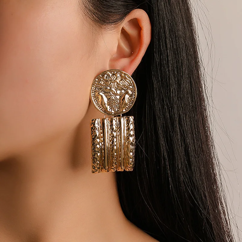 

Metal Dangle Earrings for Women Gold Color Carved Badge Coin Geometric Statement Drop Earring Party Jewelry