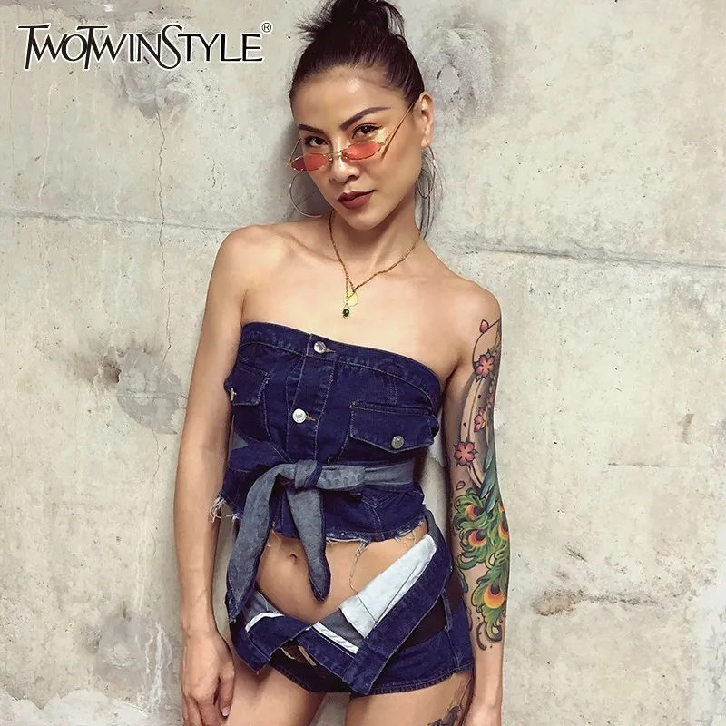 

TWOTWINSTYLE Sexy Denim Crop Tops Shorts Suit Female Sleeveless Lace up Denim T-shirt High Waist Jeans Women Two Piece Sets 2019