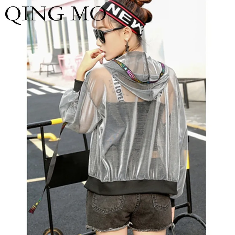 

QING MO Transparent Jacket Mesh Hooded Coat Women Letter Strap Jacket Sun-proof Female Thin Outerwear ZLDM082