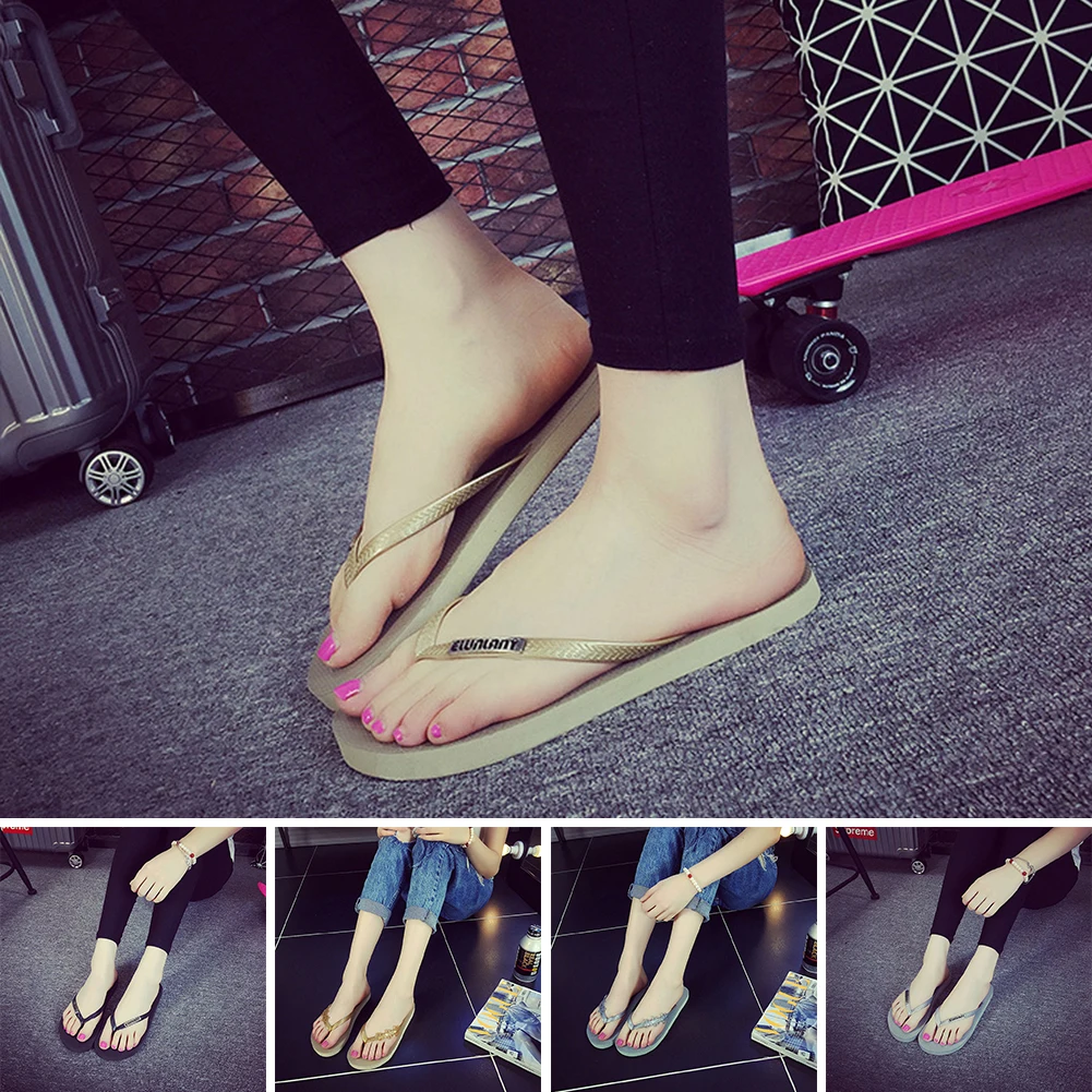

New Womens Summer Flower Beach Sandals Ladies Flat Diamante Flip Flops Shoes