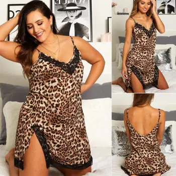 

Plus size Women Hot Sexy V-neck Leopard Sleepwear Robe Lace Nightdress Nightwear