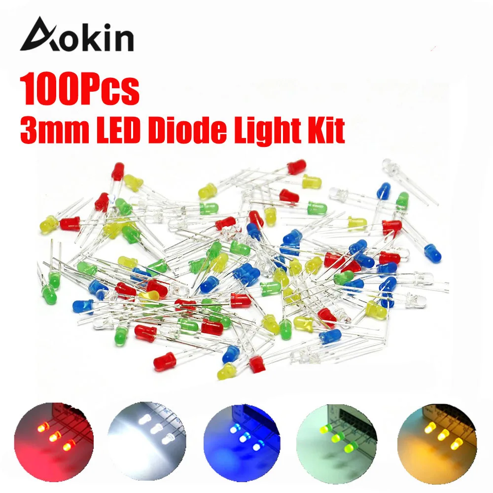 

100pcs F3 3mm LED Diode Light Assorted Kit Green Blue White Yellow Red For arduino DIY kit 5 colors Through Hole Led