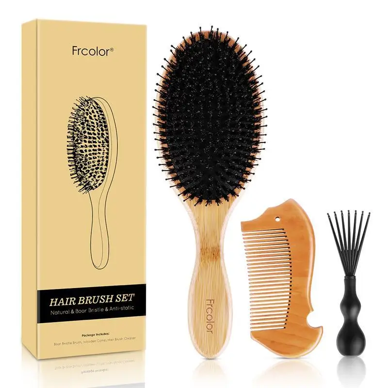 Frcolor Boar Bristle Hair Brush Set Natural Wooden Bamboo Handle