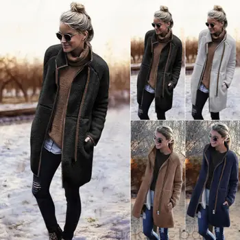 

Women Winter Fluffy Fleece Jacket Cardigans Zip UP Pocket Outwear Overcoat S-XL
