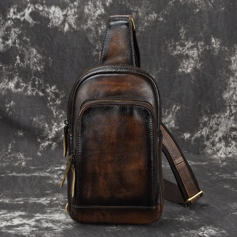

High Quality Genuine Leather Sling Rucksack Back Pack Vintage Shoulder Cross body Bag Natural Skin Men Messenger Chest Bags