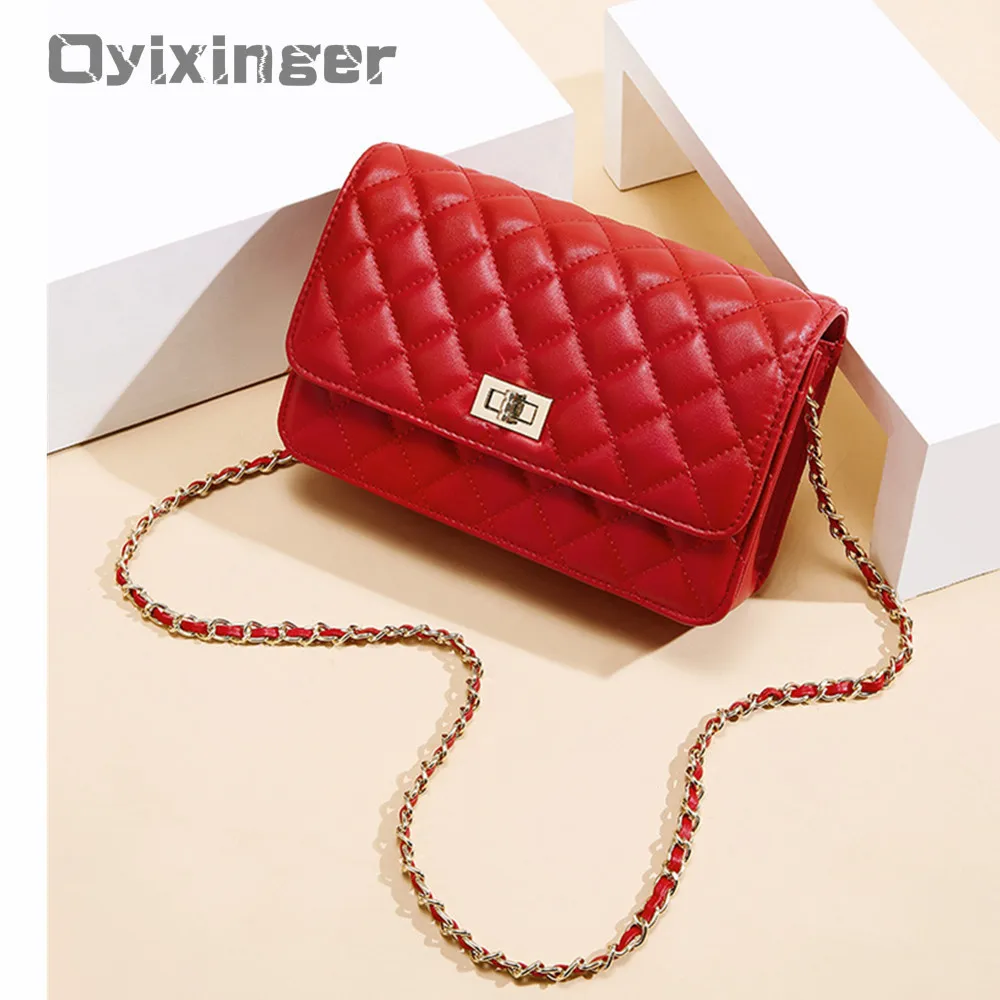 

2019 Summer Cowhide Women Single Shoulder Bag Satchel Diamond Lattice Chain Small Square Package Woman Real Leather Red Flap Bag