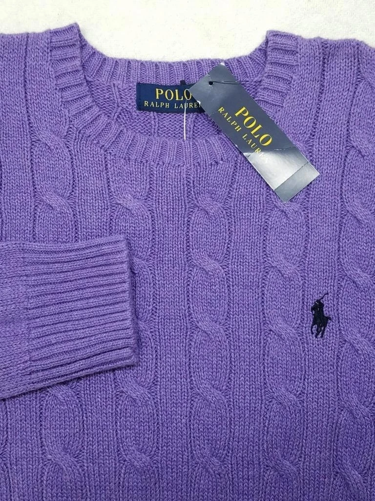 POLO RALPH LAUREN MEN'S SWEATER CABLE KNIT PURPLE COTTON