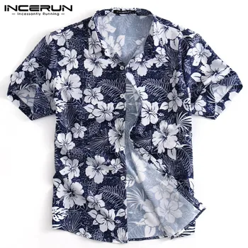 

INCERUN Fashion Men Casual Shirt Colorful Print Short Sleeve Lapel Neck Button Tops Camisa Beach Hawaiian Basci Shirts Men 2020
