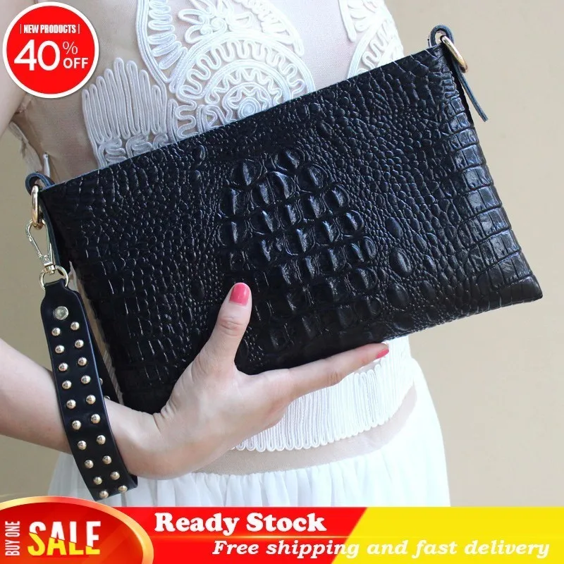 

Luxury brand High Women Crocodile Women's Shoulder Messenger Bag Handbag Clutches Evening Rivet Handle genuine leather vintage