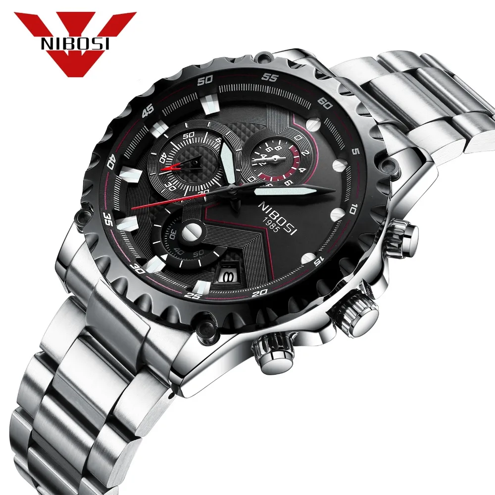 

NIBOSI Quartz Wristwatches Waterproof Sport Watch Hiking Traveling Style Fashion Stainless Steel Men Watch Casual Clock Sliver