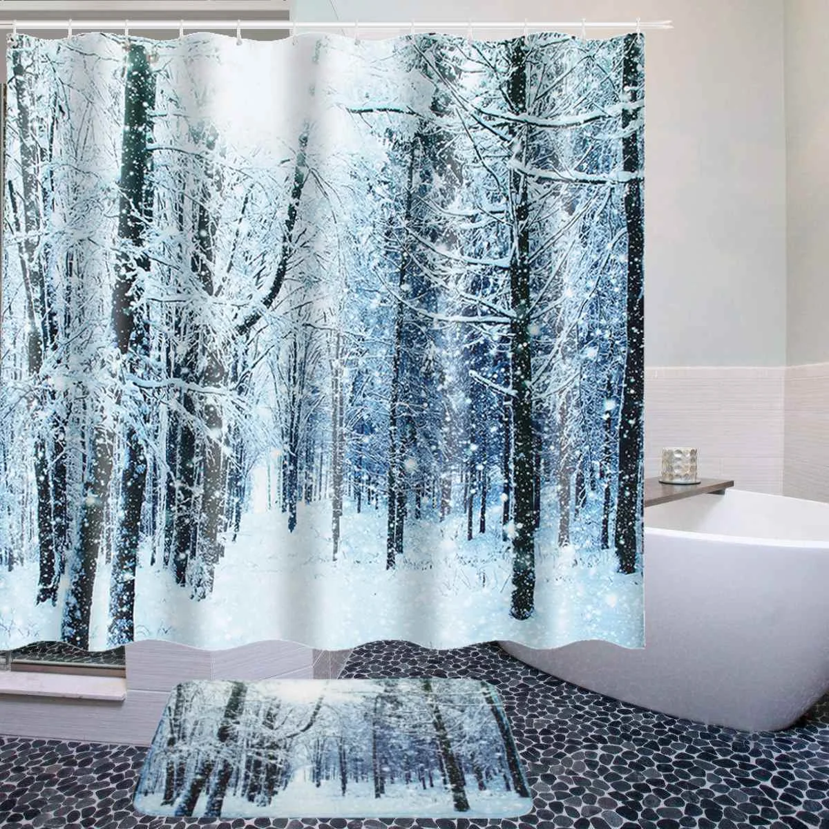 

Christmas Snowman Shower Curtain Anti Slip Waterproof Polyester Fabric Bath Curtain Bath Mat With 12 Hooks For Bathroom Curtains