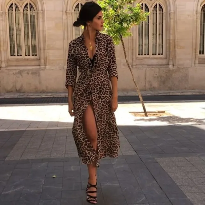 New Women Leopard Print Ankle Length Beach Dress Bow Tie Sashes Long Sleeve Retro Ladies Chic Dresses Sexy V Neck Robe Vestidos