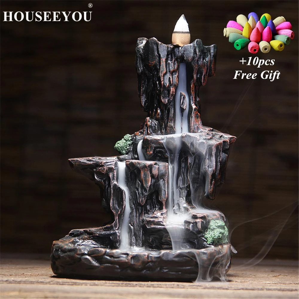 Ceramic Backflow Incense Cone Burner Mountain Waterfall 094 /& 10pcs Cone Gift