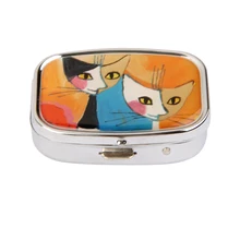 

Cartoon Couples Cats Printed Pill Storage Box Container with Internal Mirror for Travel Home Use