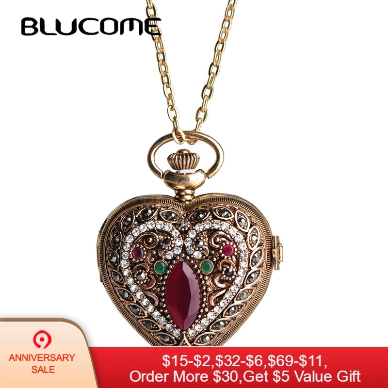 

Blucome Love Heart Red Pocket Watches For Women Sweater Vintage Turkish Pendant Necklace Bronze Quartz Pocket Watch Necklace