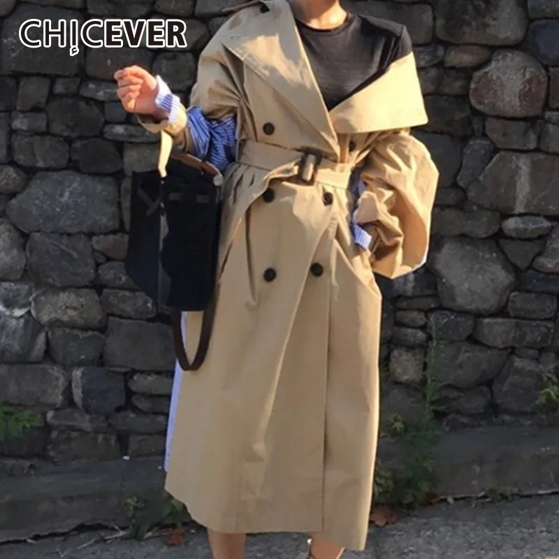 

CHICEVER Autumn Trench Coat For Women Loose Windbreaker Back Patchwork Striped With Lace Up Casual Coats Female Clothes Outwear