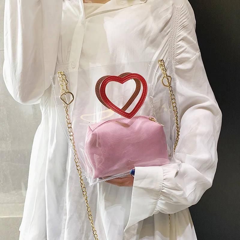 

Women'S Diagonal Package Jelly Package Heart-Shaped Portable Transparent Wild Shoulder Bag +Clutch