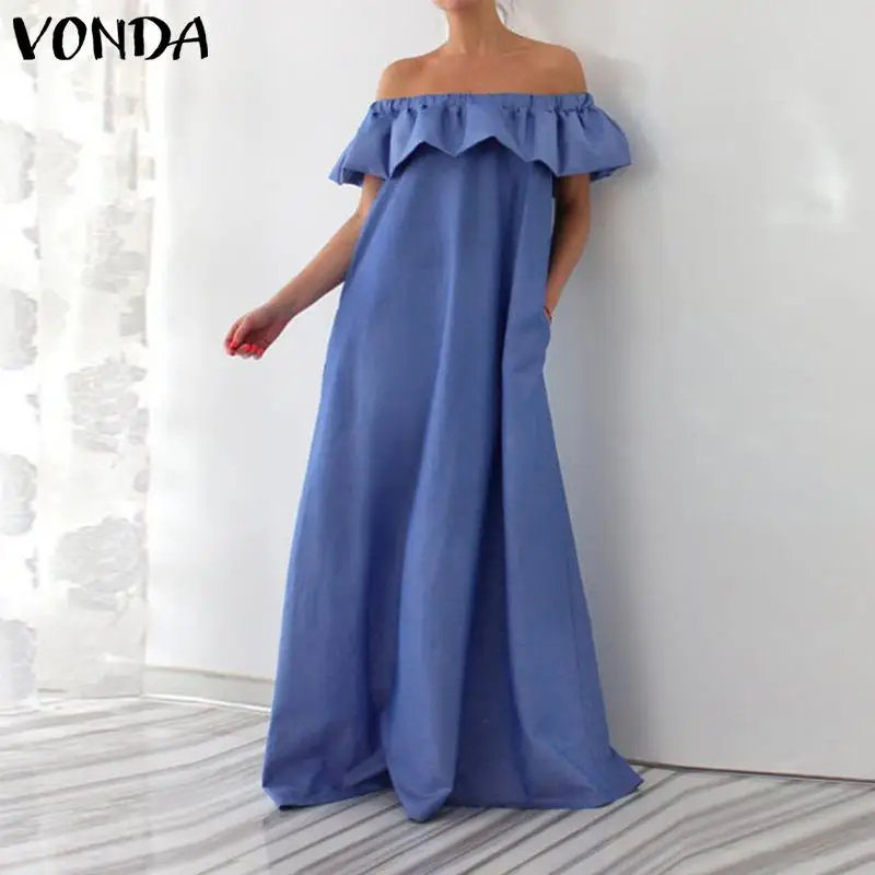 VONDA S-5XL النساء أكمام اللباس الصيف 2019 مثير قبالة الكتف كشكش ماكسي اللباس الصلبة الطابق طول Vestido زائد حجم