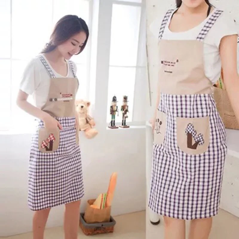 

Korean style Grid sleeveless Double shoulder belt type household apron Cute fashion anti - oil apron