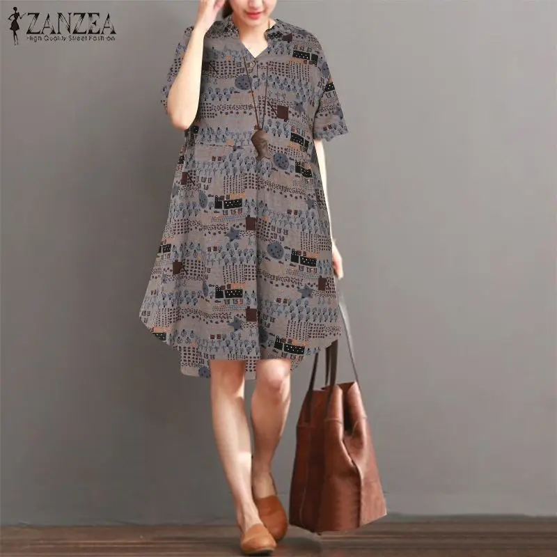 

2019 ZANZEA Summer Women V Neck Short Sleeve Vintage Floral Printed Shirt Dress Loose Casual Party Vestido Femme Sundress