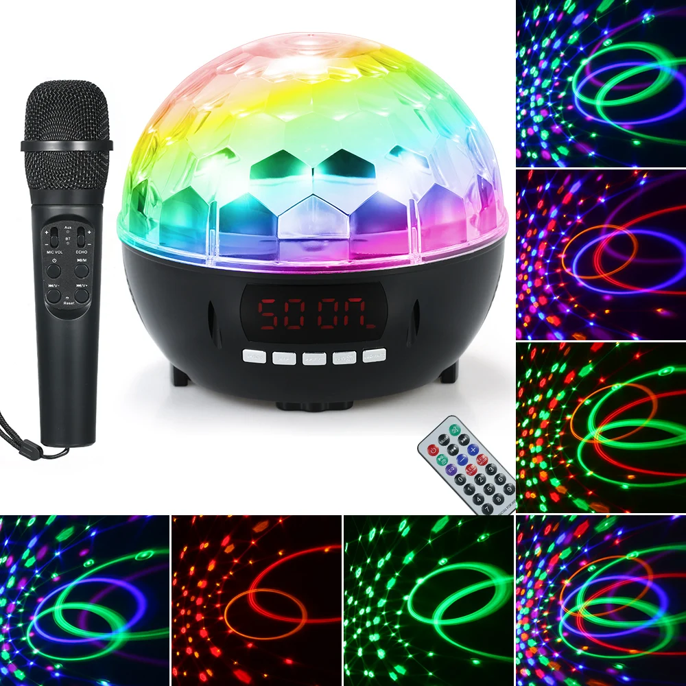 

LED Ball Light USB Colorful LED BT Speaker Light Remote Control Music Player + FM Radio + Rotating Ball Light with Microphone