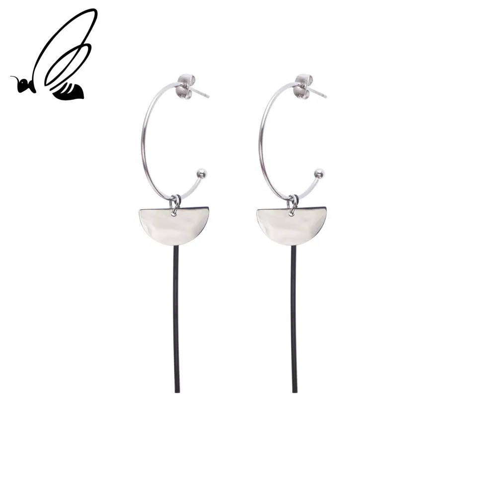 

S'Steel New Fashion C-Shaped Ear Pendant Stainless Steel Elegant Metal Geometry Round Long Drop Earrings Jewelry For Women