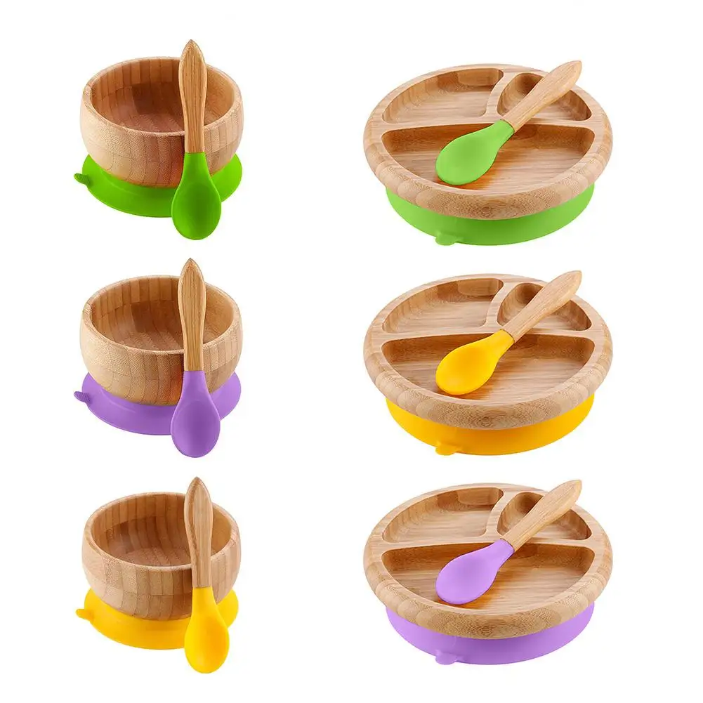 

Bamboo Baby Bowl Set Slip proof Silicone Suction Baby Feeding Bowl Plate Spoon For kids children babys Tableware Dishes Gift