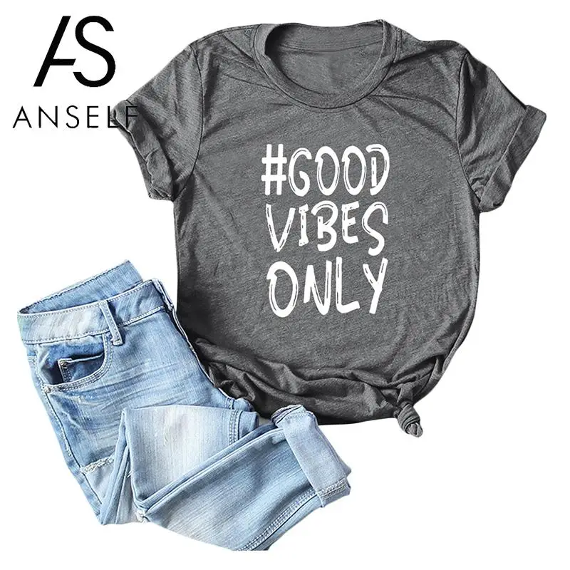 

Anself Plus Size mom tshirt Summer Women Good Vibes Only Slogan T-Shirt Letters Print O Neck Short Sleeve Oversized yellow Top