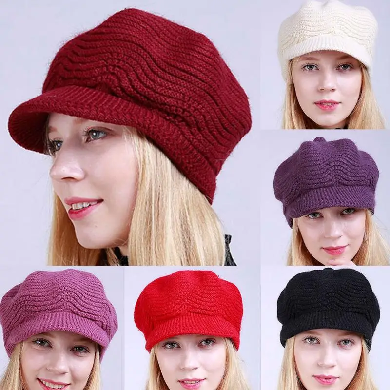 

Fashion Women Girls Winter Knitted Warm Beret Hat Cap with Visor