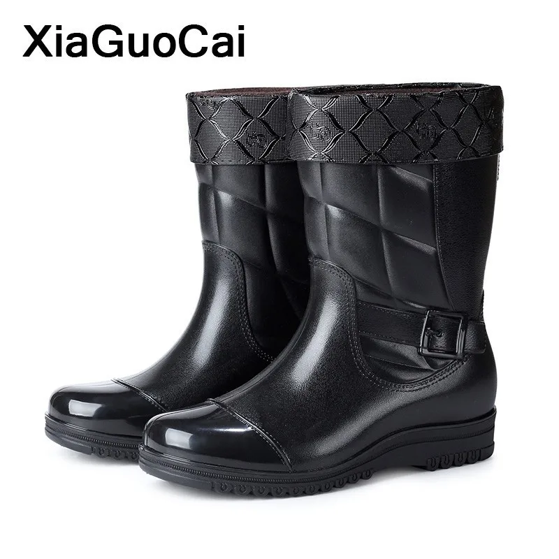 Fashion Men Rainboots Winter Warm Mid calf Male Boots Waterproof Black ...