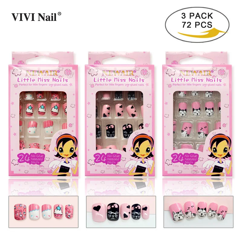 

Press on Kids False Nails with Designs 72 PCS Cat Sweet Full Cover Fake Nail Tips Artificial ABS
