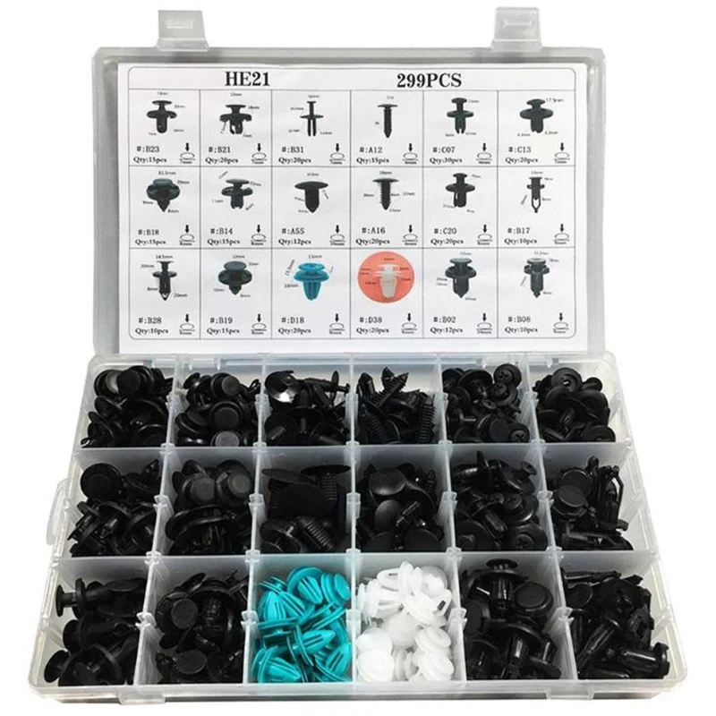 Kopen 299 stks set 18 Size Auto Fastener Clips Push Pin Rivet Trim Clip Panel Body Interieur Assortiment Met Doos