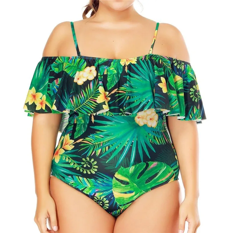 

Ieva Eieou Ruffle Leaf Print One Piece Swimsuit Women Plus Size Monokini Swimwear Female Large Bathing Suit 2019 Beach Bodysuit