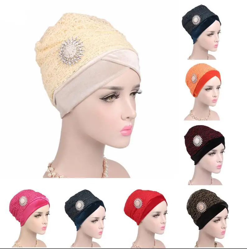 

Women Velvet Lace Caps Brooch Muslim Hat Islamic Arab Turban Wrap Head Hair Loss Headscarf Bonnet Ramadan Beanies Skullies New