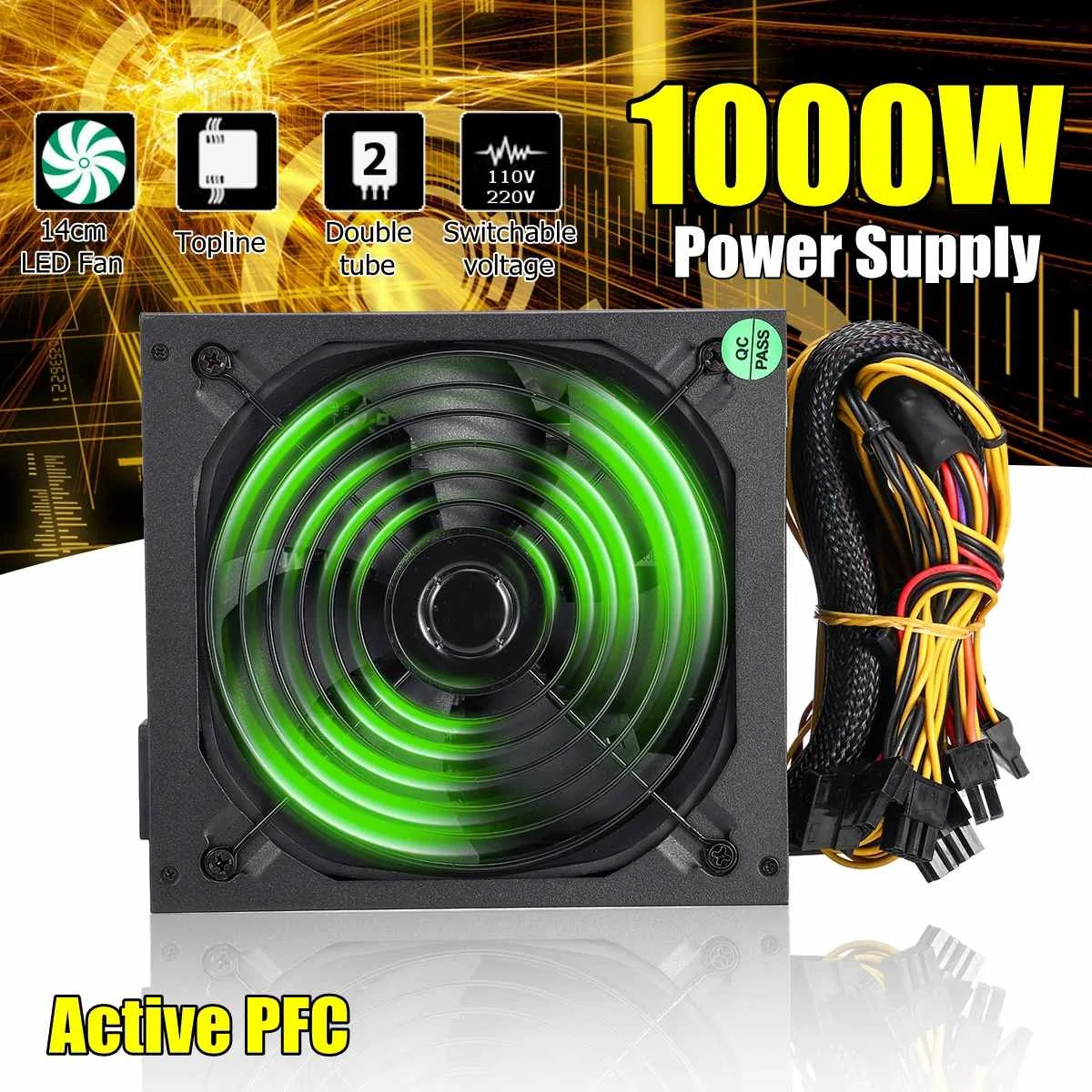 

1000W Power Supply 14cm LED Fan 24 Pin Active PFC PCI SATA ATX 12V Computer Power Supply 110~220V