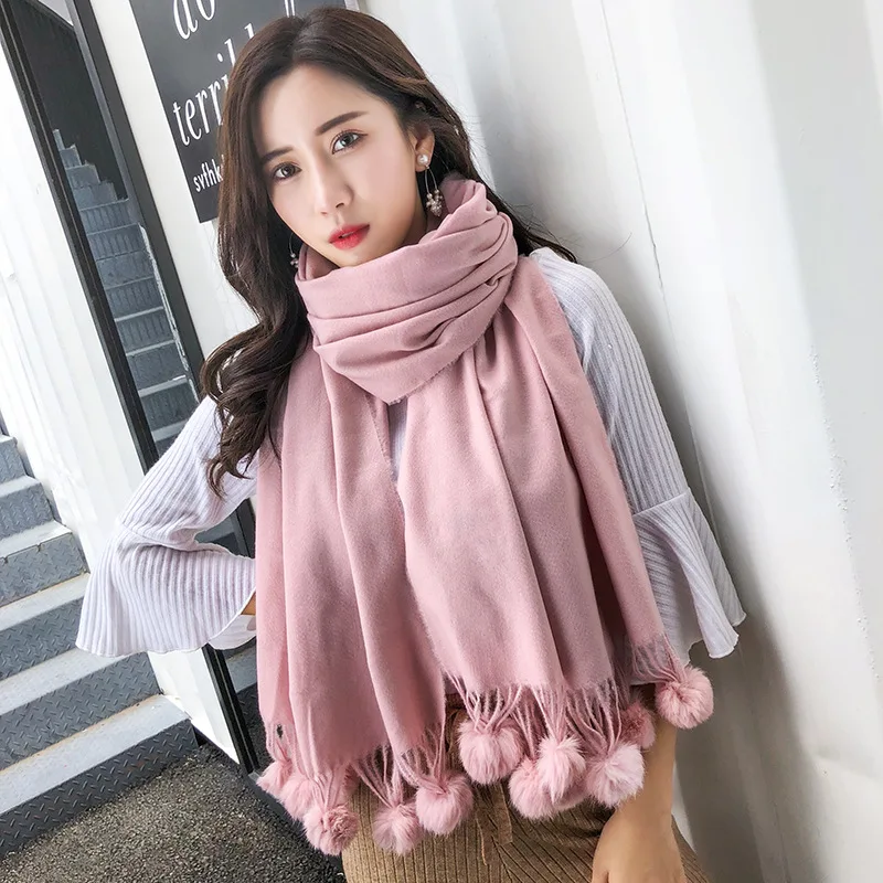 

Brand Autumn And Winter Rabbit Fur Ball Scarf Female Winter Japanese Small Fresh Cashmere Scarf Warm Gift Solid Color Scarf