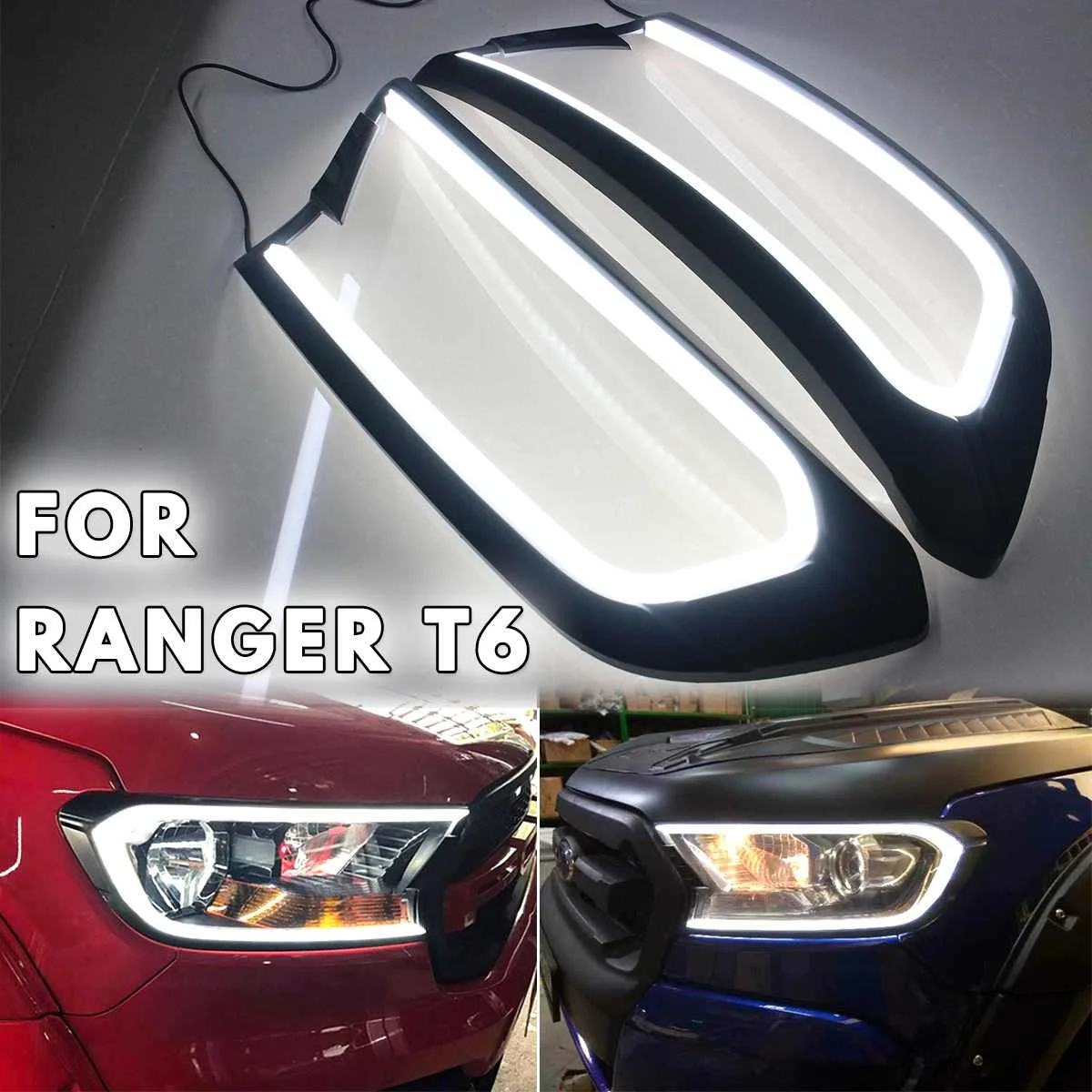 

1Pair NEW Design Brighter Headlight Headlamp LED ABS Cover Trim Hood Part For FORD For RANGER T6 WILDTRAK 2015-2018