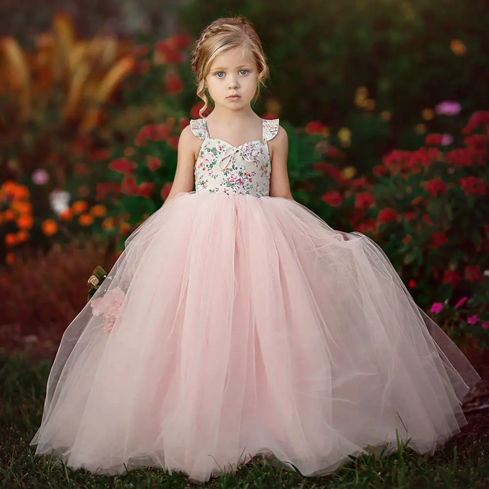 

Ruffled Sleeve Flower Print Mesh Princess Dress For Girls Summer