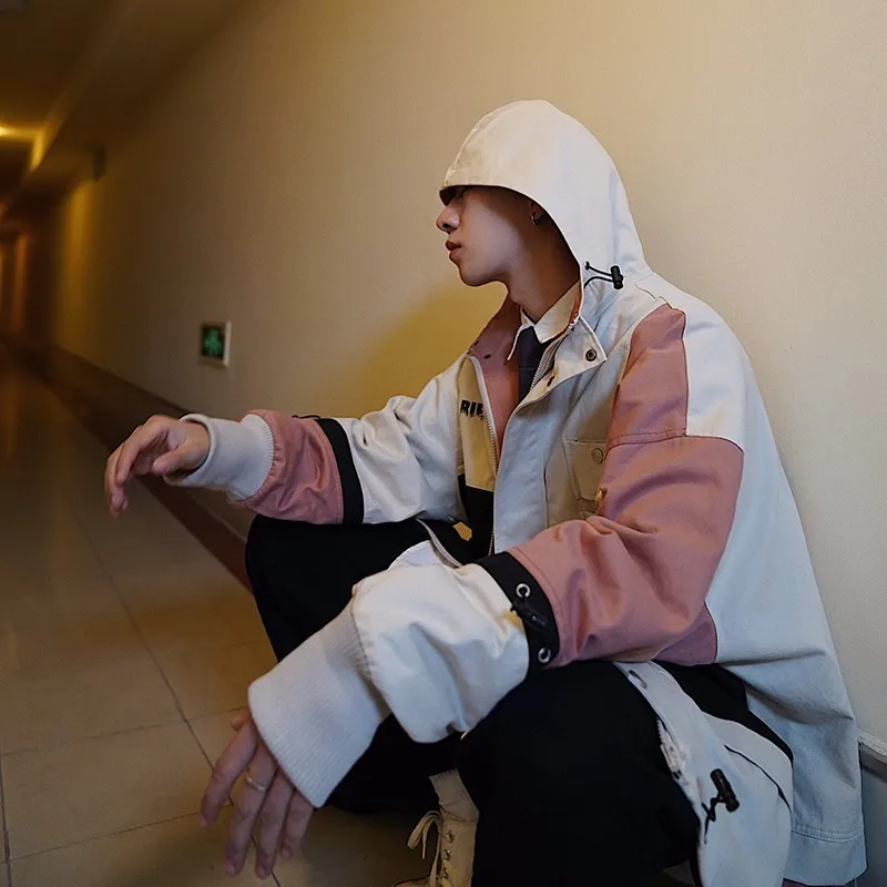 2019 Japanese Style Men's Streetwear Bomber Jackets Patchwork Pockets Coats Retro Harajuku Hooded Outwear Windbreaker Size M-XL